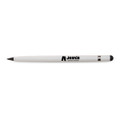 A white aluminium inkless pen with a silver tip and a logo on the barrel.