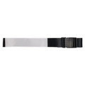 A luggage strap featuring a black adjustable buckle and a wide, reflective silver band for enhanced visibility.