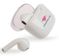 A pair of white earbuds with a transparent charging case, featuring a logo on the case.