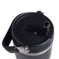 A drink bottle with a black lid and a handle, featuring a spout for easy sipping. The body is stainless steel.