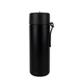 A drink bottle in matte black finish with a screw-top lid and a carrying strap, featuring a logo.