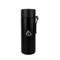 A drink bottle in matte black with a carry strap and a logo. Suitable for holding 600ml of liquid.