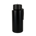 A drink bottle in matte black finish, featuring a sleek design and a logo. Ideal for hydration on the go.