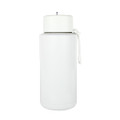 A drink bottle in white, featuring a lid and carry strap, with a logo on the body.