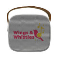 A compact, square mini speaker in white with a brown strap and a logo on the front.