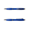 A blue metal pen with a sleek design and silver accents, featuring a clip and a ballpoint tip.