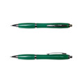 A green metal pen with a sleek design and chrome accents, featuring a clip and a pointed tip.