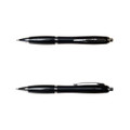 A black metal pen with silver accents and a clip, featuring a sleek design. The image displays two angles of the pen.