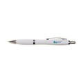 A white plastic pen with silver accents and a logo on the body.