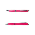 A pink plastic pen with silver accents and a clip. The pen features a smooth glossy finish.