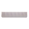 A weekly pill box in clear plastic with eight compartments labeled for each day of the week.