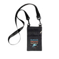 A black neck pouch with a strap, featuring a zip pocket and a logo on the front.
