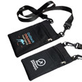 A black neck pouch with a strap, featuring two zippered compartments and logos on the front.