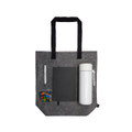 A gray tote bag containing a drink bottle, a notebook, a pen, and a small bag of candies.