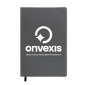 A grey notebook with a logo on the cover and a black ribbon bookmark.
