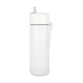A white drink bottle with a flip-top lid and a carrying loop. It has a sleek, minimalist design.