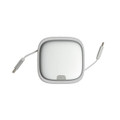 A retractable cable set in silver with two connectors, housed in a compact, square case. The product features a logo.