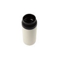 A double wall coffee cup in cream with a black lid and interior, featuring branding.