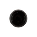 A coffee cup with a sleek black exterior and a smooth, dark interior. It features a logo on the side.