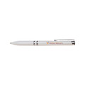 A white pen with a silver clip and accents, featuring a logo.