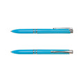 A turquoise plastic pen with silver accents and a clip, featuring a logo on its surface.
