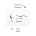 A white thank you card with a logo and space for a custom message, featuring black text and a minimalist design.