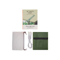 A foldable camp light in green with a USB charging cable, packaged with a box and a transparent cover.