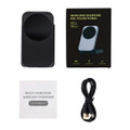 A black wireless charger, user manual, and a cable, displayed with packaging in the background.