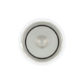 A drink bottle cap with a metallic finish, featuring a central dome and a clean white outer rim.