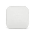 A white rectangular retractable charging cable with a button for operation and a logo.
