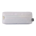 A white utility case with a zippered compartment and a small tag on the side.