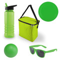 A drink bottle, a cooler bag, a frisbee, a ball, and sunglasses, all in vibrant green.
