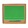 A green notebook with a matching pen, presented in a cardboard gift box.