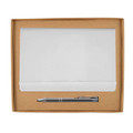 A cardboard gift set featuring a notebook with a sleek white cover and an elegant silver pen.