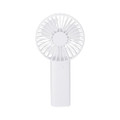 A white handheld fan with a circular grille and a sturdy base, featuring a logo on the handle.