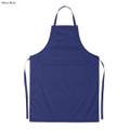 A navy blue cotton apron featuring a pocket and adjustable ties, designed for workwear use.
