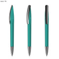 A set of three turquoise plastic pens with silver accents, featuring a logo on the barrel.