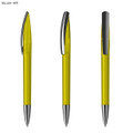 A transparent yellow plastic pen with a black clip and silver tip, shown from three angles.