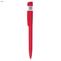 A red pen with a USB drive cap, featuring a sleek design and a branded logo.