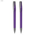A set of two purple pens with silver clips, displayed alongside each other.