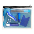A transparent pouch containing various blue personal care items, including a drink bottle and other accessories.