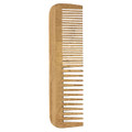 A bamboo comb with fine and wide teeth, featuring a natural light brown colour and a smooth finish.