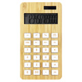 A bamboo calculator featuring a wooden texture and white buttons, with a digital display at the top.
