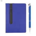 A blue notebook with a pocket and a matching blue pen, featuring a logo.