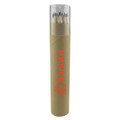 A cylindrical tube containing coloured pencils in various hues, with a clear lid and a logo on the side.