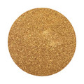 A round cork coaster with a textured, golden surface, featuring a branding logo.