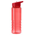 A drink bottle in transparent red with a matching lid and straw, featuring a ridged design and a logo.