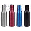 A drink bottle collection featuring silver, burgundy, blue, and black options, each with a metal finish and a lid.