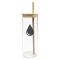 A drink bottle featuring a clear glass body, bamboo lid, and straw, with a decorative drop-shaped design.