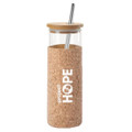 A drink bottle featuring a cork exterior, glass body, and a wooden lid, complete with a stainless steel straw.